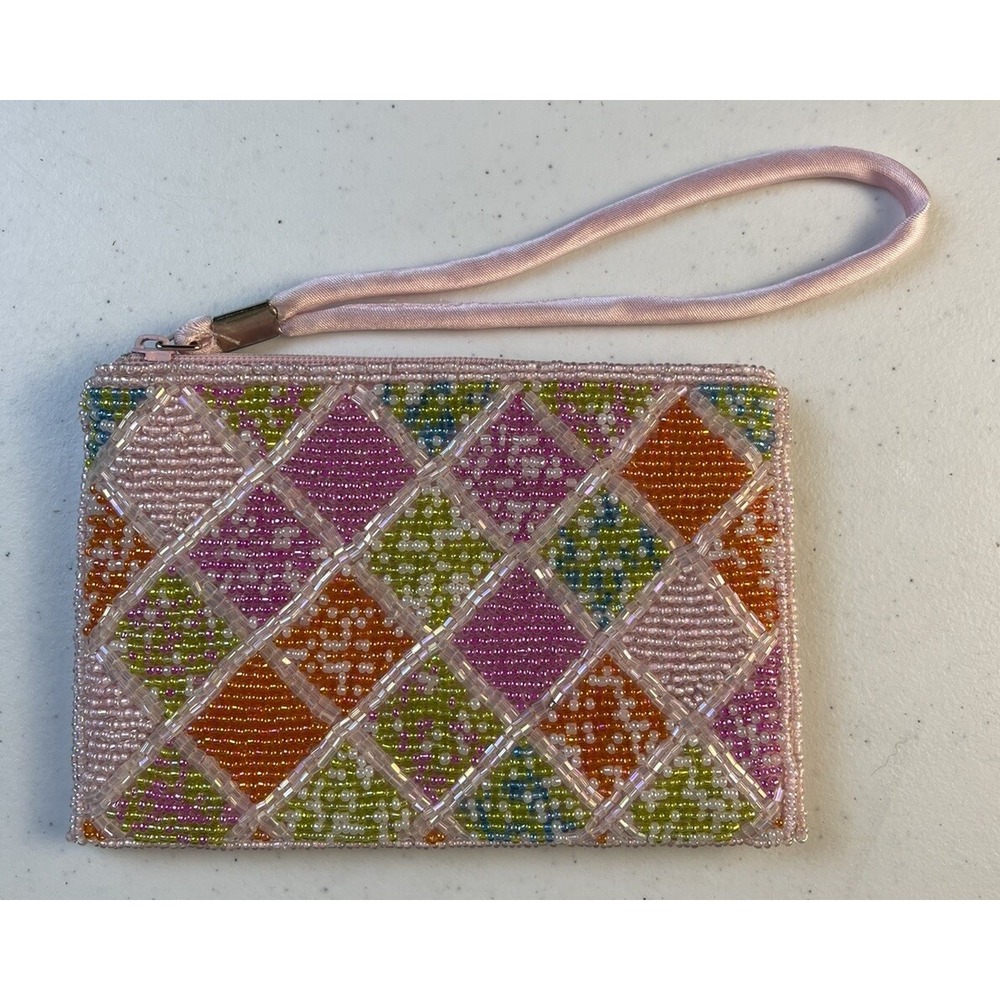 Pink Beaded Clutch Purse Evening Hand Bag Wristlet Beautiful!